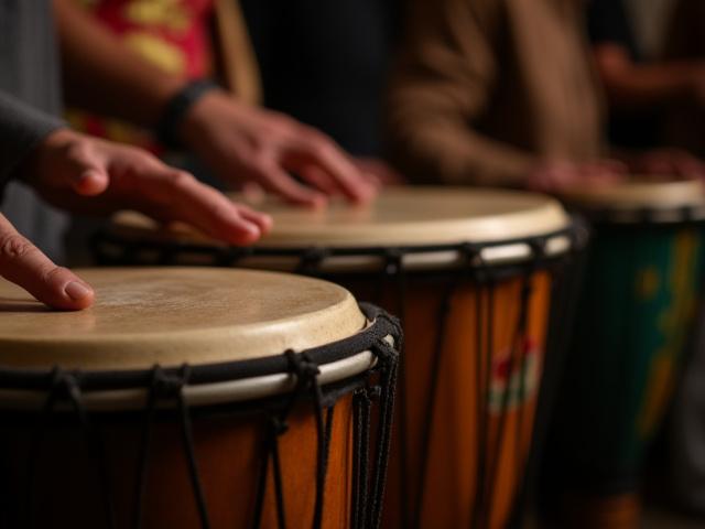 Des mains jouant sur des tambours africains dans un cadre d'atelier.